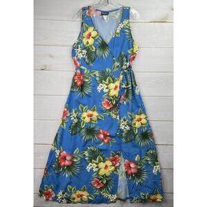 Puanani Hawaiian Maxi Dress XL Blue Floral Tropical Front Slit V Neck Vtg USA